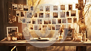 Nostalgic memories in old photos hanging near a sunlit window, a portal to the past\'s cherished moments