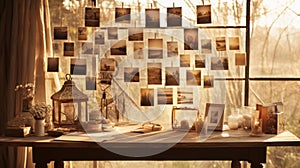 Nostalgic memories in old photos hanging near a sunlit window, a portal to the past\'s cherished moments