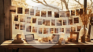 Nostalgic memories in old photos hanging near a sunlit window, a portal to the past\'s cherished moments