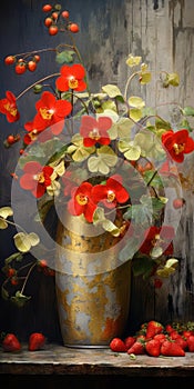 Nostalgic Nature: Photorealistic Paintings Of Flowers In A Gold Vase