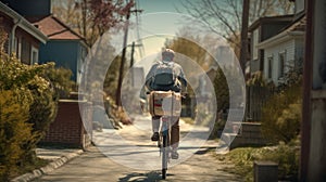 Nostalgic Paper Route: Young Newspaper Delivery Boy on Bicycle in Suburbia