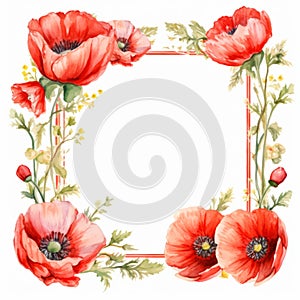 Nostalgic Poppy Flower Watercolor Frame With Elaborate Borders