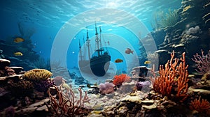 Nostalgic Realism: Undersea Ship And Corals At A Coral Reef