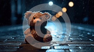 Nostalgic Reflections: A Teddy Bear\'s Solitude on Rain-Soaked Asphalt at Night