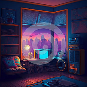 Nostalgic retro room in 80s synthwave or cyberpunk style. Futuristic neon interior of the 90s styled apartment