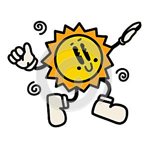 Nostalgic retro trendy cartoon character sun illustration in groovy old school style. Vector hand drawn design.