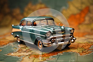 Nostalgic road trip, vintage car on an open map, selective focus