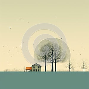 Nostalgic Romanticism: A Detailed House With Trees In Dan Matutina Style photo