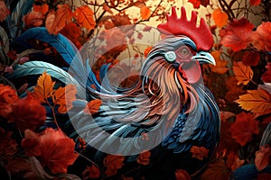 Nostalgic Rooster in autumn leaves. Generate ai