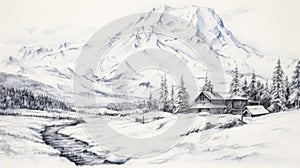 Nostalgic Snowy Mountain Landscape Drawing With Mount Elbrus And 3 Houses