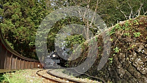 Nostalgic steam old train running in the forest