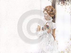 Nostalgic Styled Woman in Openwork Lacy Retro Dress photo