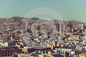 Nostalgic tint skyline view of Barcelona downtown with famous landmarks, travel destination