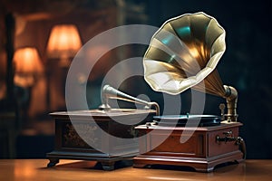 Nostalgic tunes Vintage aquamarine gramophone on 90s concept filtered background