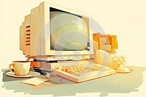 Nostalgic vibes with a vintage computer setup, complete with a CRT monitor and floppy disks