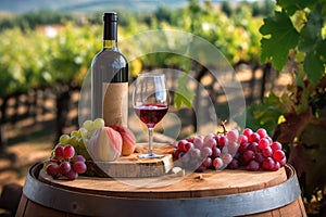 Nostalgic Winery Still Life: Rustic Wine Barrel with Logo in Vineyard