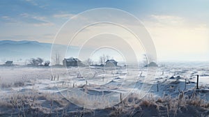 Nostalgic Winter Landscape: Scenic Field Covered In Frost