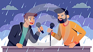 Not even the rain can dampen the spirits of the open mic sports commentary duo who continue to passionately narrate photo