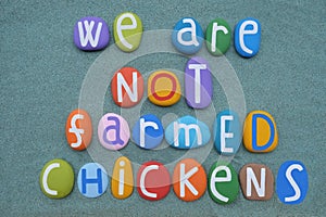 We are not farmed chickens, social issue slogan composed with multi colored stone letters