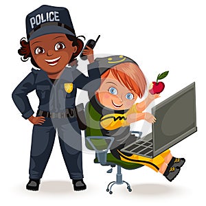 Not female professions, strong woman police officer uniform with holding radio set and programmer hacker programming on