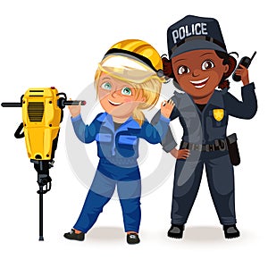 Not female professions, strong woman police officer uniform with holding radio set , safety secutiry girl, feminists