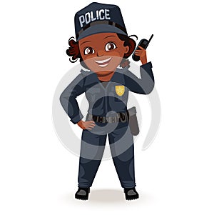 Not female professions, strong woman police officer uniform with holding radio set , safety secutiry girl, feminists