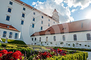 Not ordinary view of Bratislava castle from behind back yard part of castle garden