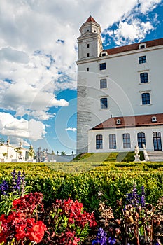 Not ordinary view of Bratislava castle from behind back yard part of castle garden