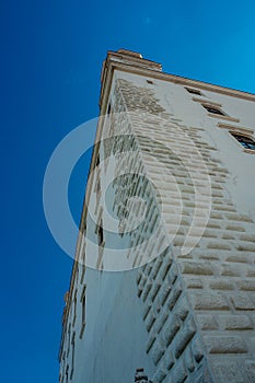 Not ordinary view of Bratislava castle from behind back yard part of castle garden