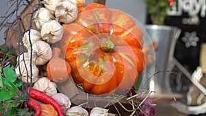 Not real pumpkin, vegetable closeup rotating background outdoor in autumn 4K