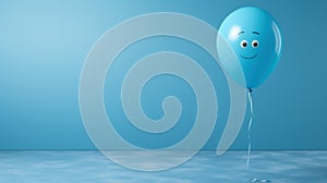 Not sad blue balloon with positive emoji, on a blue background, blue monday, copy space, banner