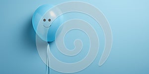 Not sad blue balloon with smiling emoji, on a blue background, blue monday, copy space, banner