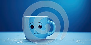 Not Sad blue cute mug with smiling emoji, on a blue background, blue monday, copy space, banner