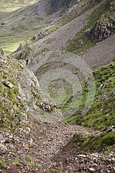 Looking down stony path to valley