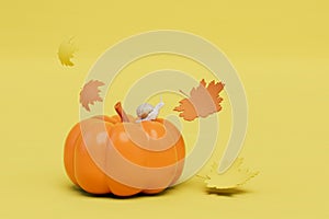not soon before Halloween. a snail sitting on a pumpkin around which leaves scatter on a yellow background. 3D render