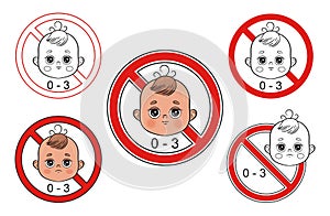 Not suitable for children from 0-3 year icon set. No safety for baby under three. Danger for kids swallow small toy parts. Vector