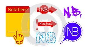 Nota bene latin phrase colored icons. NB abbreviation and note page. Isolated vector illustration photo