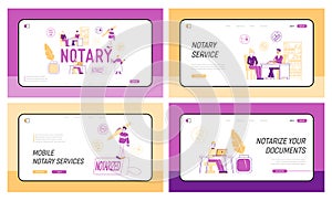 Notary Documents Authorization, Attorney Professional Service Landing Page Template Set. People Characters Visit Lawyer