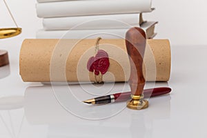 Notary public wax stamper and wax seal on document