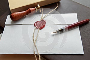 Notary`s public pen and stamp on testament and last will. Notary public tools