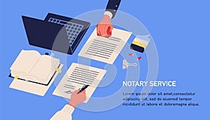Notary service advertisement. Horizontal web banner in blue color with hands witnessing legal documents by signature and