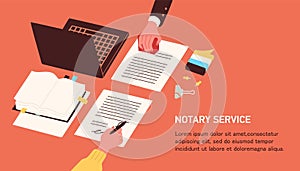 Notary service advertisement. Horizontal web banner template with hands witnessing legal documents by signature and seal photo