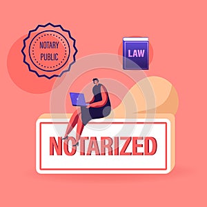 Notary Worker Character Sitting on Huge Rubber Stamper Working on Laptop with Seal Stamp and Law Book Symbols