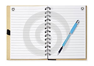 Note book with blue pen, isolated on white