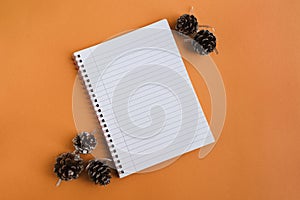 Note book with clean pages and decorative pine cones