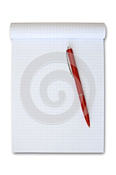 Note book with red pen.