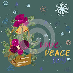 Note love peace joy with festive season basket and snow
