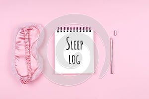 Note pad with cute flaffy sleeping mask and stylish pen with Sleep log wording