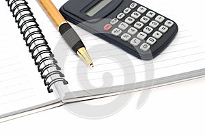 Note pad with pen and calculator