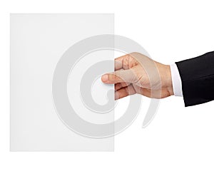 Note paper card blank sign hand holding businessman suit